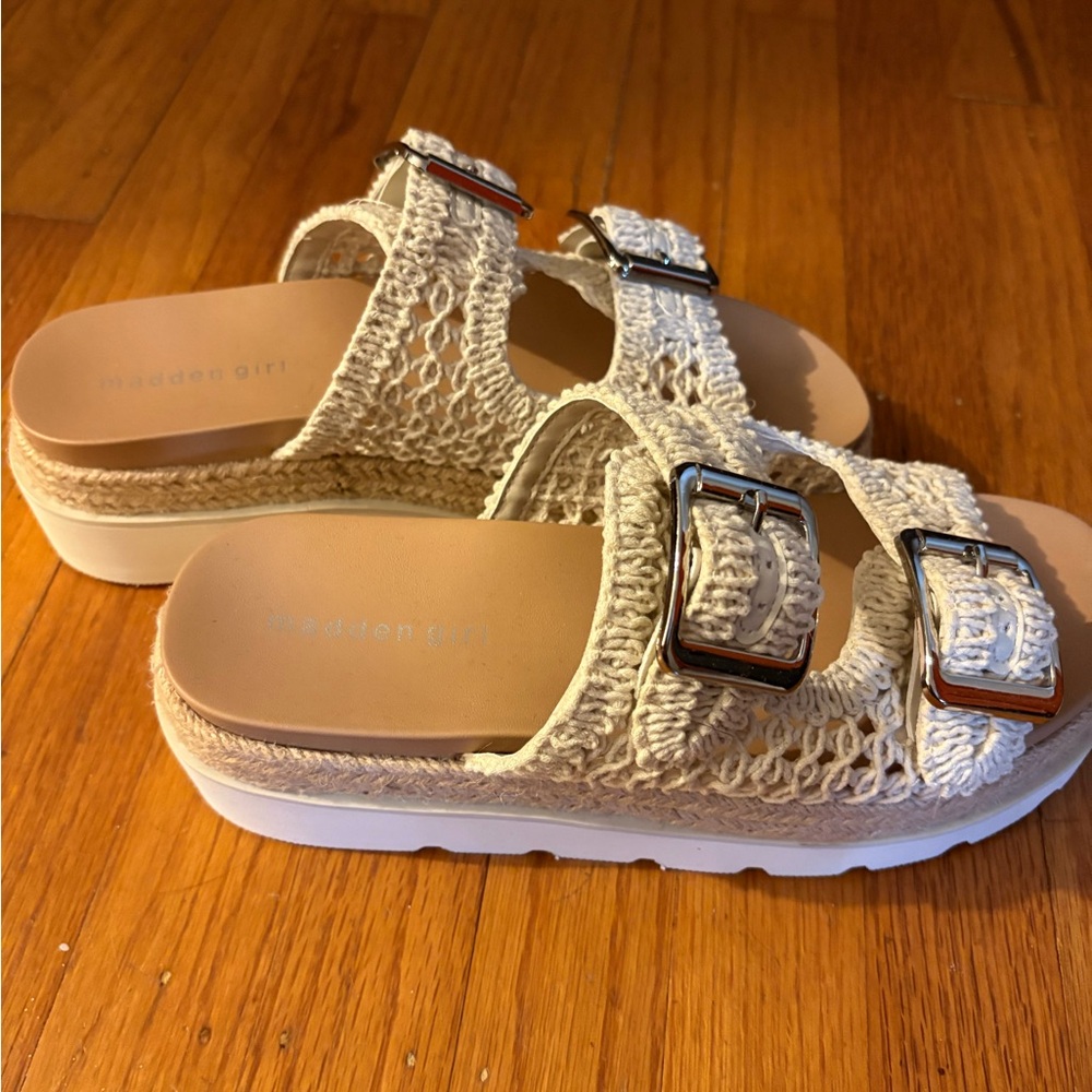 Madden Girl Cream Woven Sandals with Buckle Accents